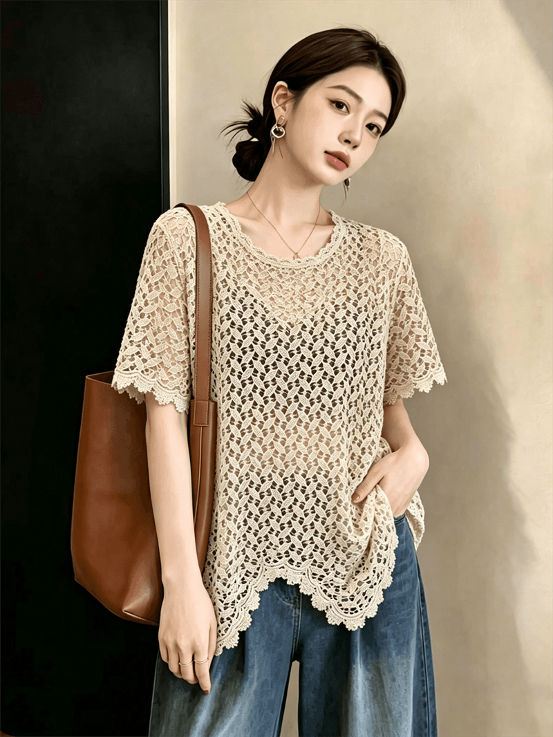 실사 빅 사이즈 외국 가스 홀로우 아웃 스팽글 불규칙 반팔 니트 블라우스 여성 슬림해 보이는 고유 한 아름다운 맨위 이미지 2
