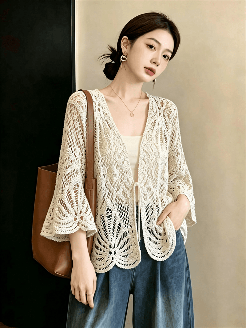 실사 빅 사이즈 자수 홀로우 아웃 외부 가져 가라. 니트 태양 보호 셔츠 여성 여름 보헤미안 다용도 맨위 블라우스 이미지 3