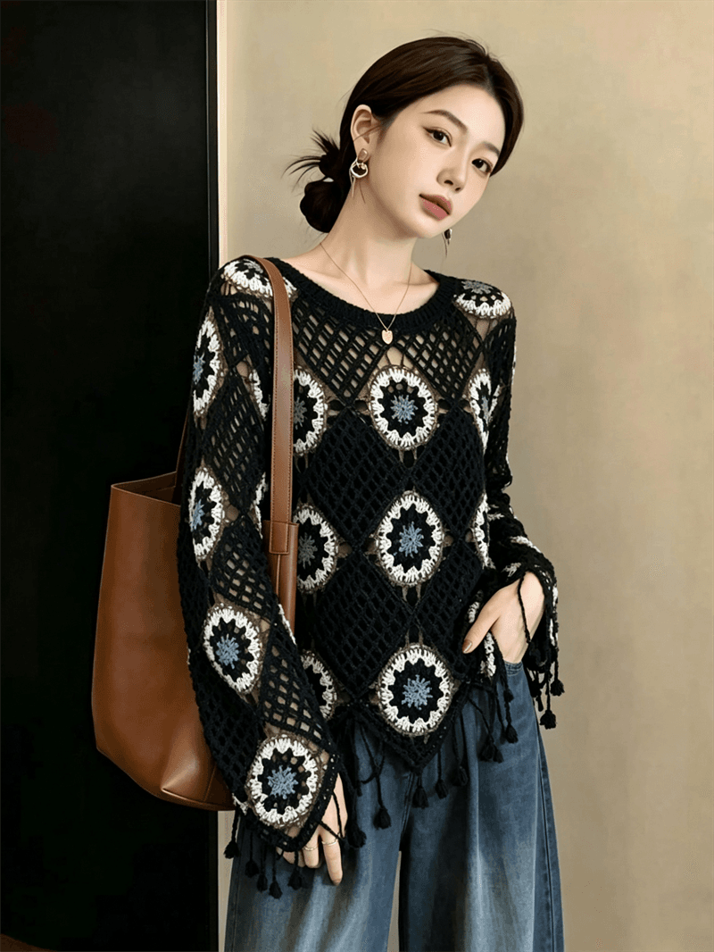 실사 정가 빅 사이즈 고급 센스 빨간색 자수 홀로우 아웃 니트 스웨터 이른 가을 외부 가져 가라. 블라우스 술 맨위 상세 이미지 7
