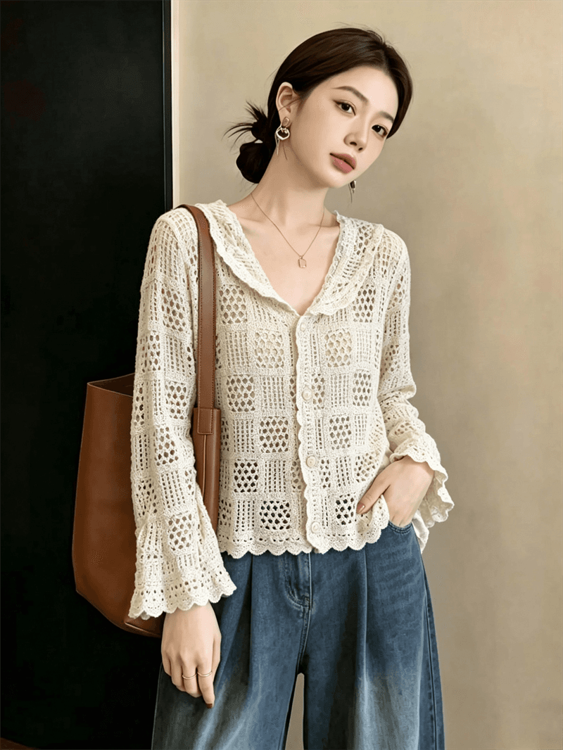 실사 빅 사이즈 이른 가을 패션 다용도 품격 부드러운 바람 홀로우 아웃 연령 감소 다용도 라운드 넥 니트 오픈 가디건 맨위 이미지 2