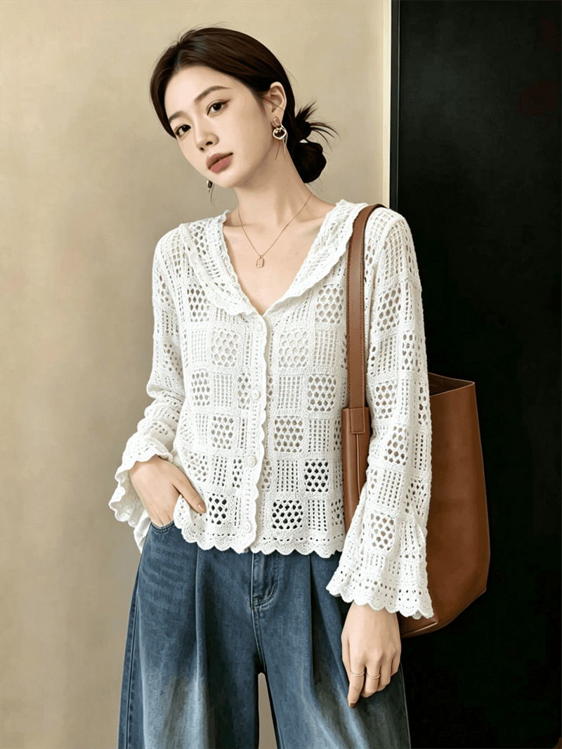 실사 빅 사이즈 이른 가을 패션 다용도 품격 부드러운 바람 홀로우 아웃 연령 감소 다용도 라운드 넥 니트 오픈 가디건 맨위 이미지 3