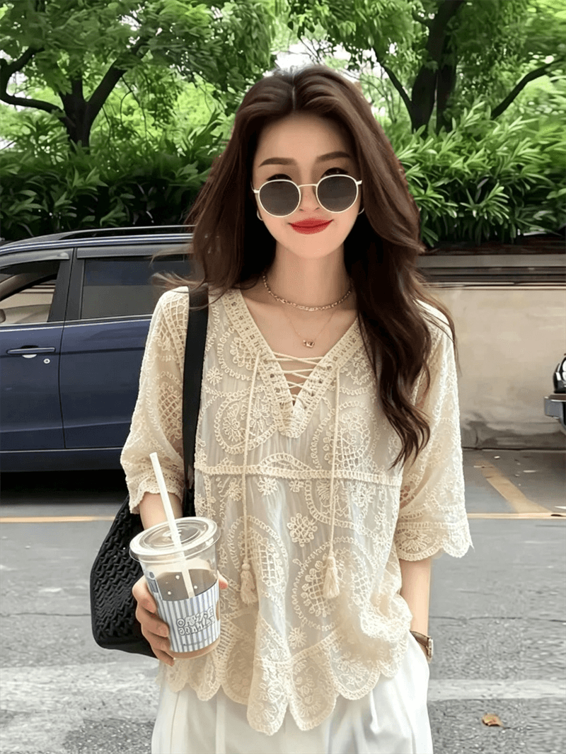 실사 빅 사이즈 보헤미안 프랑스식 고급 센스 자수 V넥 여성 셔츠 느긋한 바람 자외선 차단 맨위 이미지 3