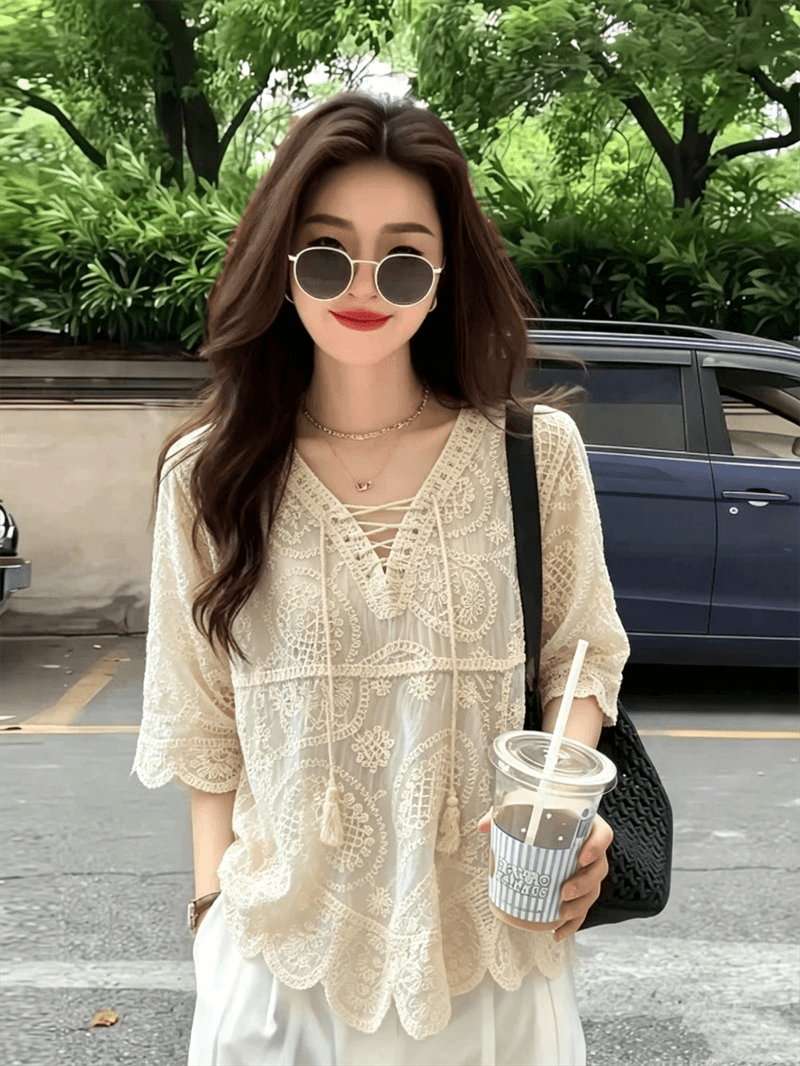 실사 빅 사이즈 보헤미안 프랑스식 고급 센스 자수 V넥 여성 셔츠 느긋한 바람 자외선 차단 맨위 상세 이미지 2