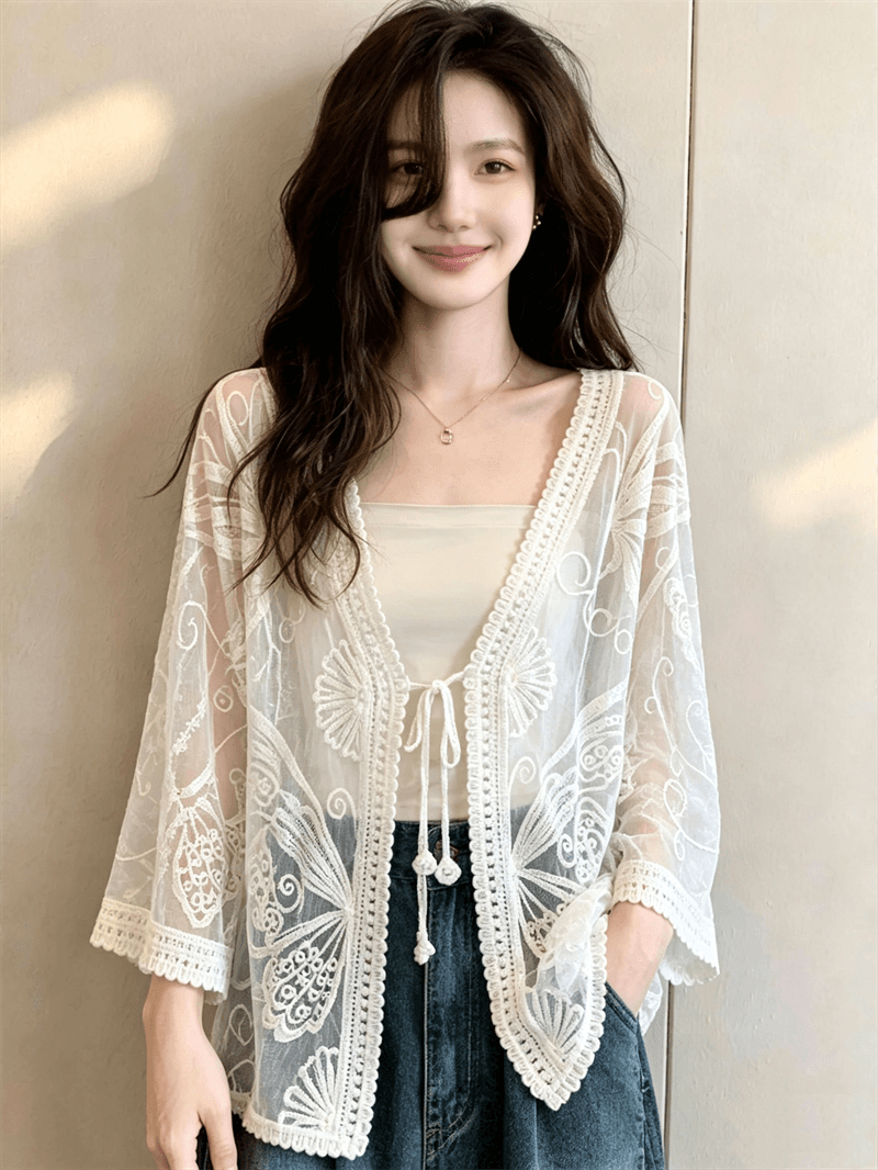 실사 빅 사이즈 보헤미안 바람 홀로우 아웃 자외선 차단 오픈 가디건 외부 탑 여성 긴 소매 숄 레이스 블라우스 맨위