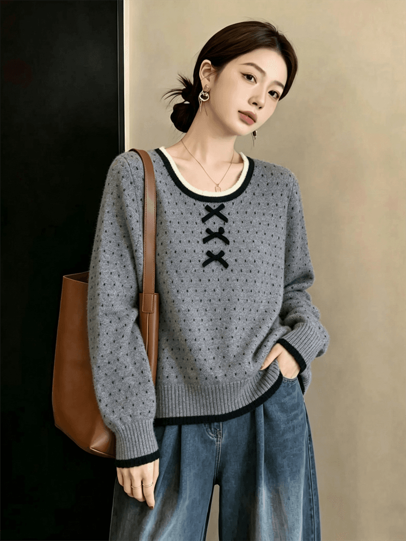 실사 빅 사이즈 2026 새로운 도트 무늬 레이스 나비 매듭 스웨터 느긋한 디자인 센스 다용도 슬림해 보이는 맨위 여성 상세 이미지 4
