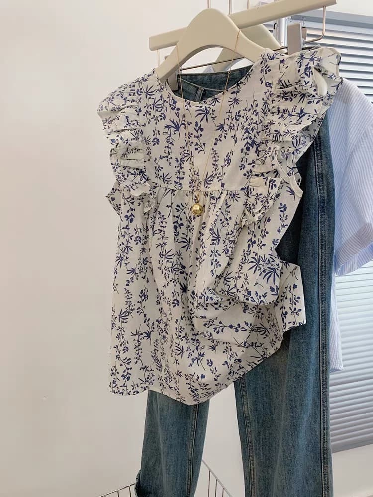 프랑스식 외국 가스 연령 감소 출퇴근 다용도 Chic 맨위 여름 새로운 프릴 주름 작은 날다 소매 여성 셔츠 상세 이미지 1