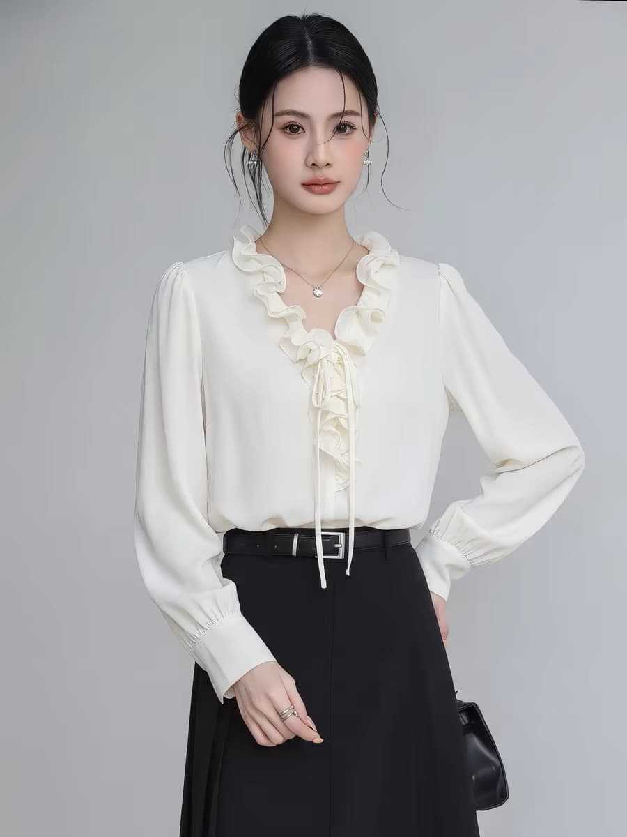 프랑스식 부드러운 바람 V넥 프릴 화이트 여성 셔츠 2026 봄 여름 새로운 출퇴근 품격 맨위 상세 이미지 5