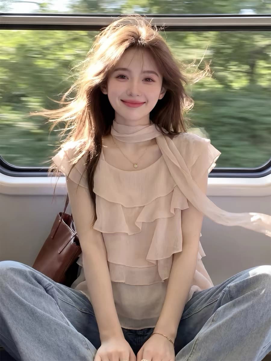 프릴 작은 날다 소매 쉬폰 여성 셔츠 여름 슈퍼 요정 오프숄더 비스듬한 어깨 행침 목 맨위 아름다운 아름다운 상세 이미지 1
