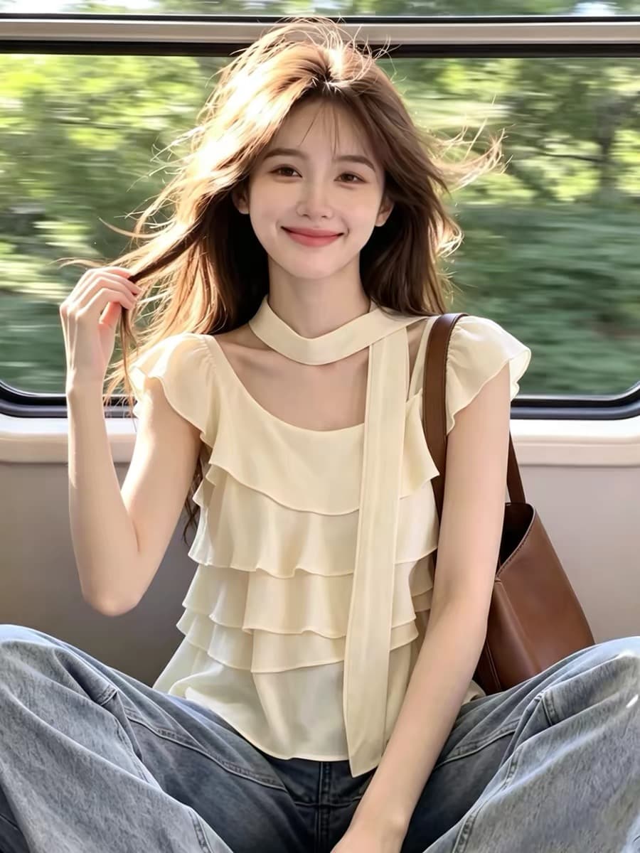 프릴 작은 날다 소매 쉬폰 여성 셔츠 여름 슈퍼 요정 오프숄더 비스듬한 어깨 행침 목 맨위 아름다운 아름다운 상세 이미지 6