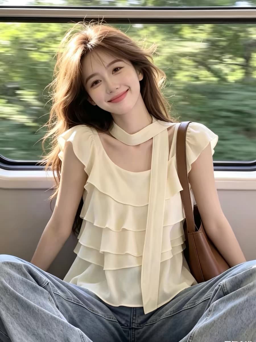 프릴 작은 날다 소매 쉬폰 여성 셔츠 여름 슈퍼 요정 오프숄더 비스듬한 어깨 행침 목 맨위 아름다운 아름다운 상세 이미지 7