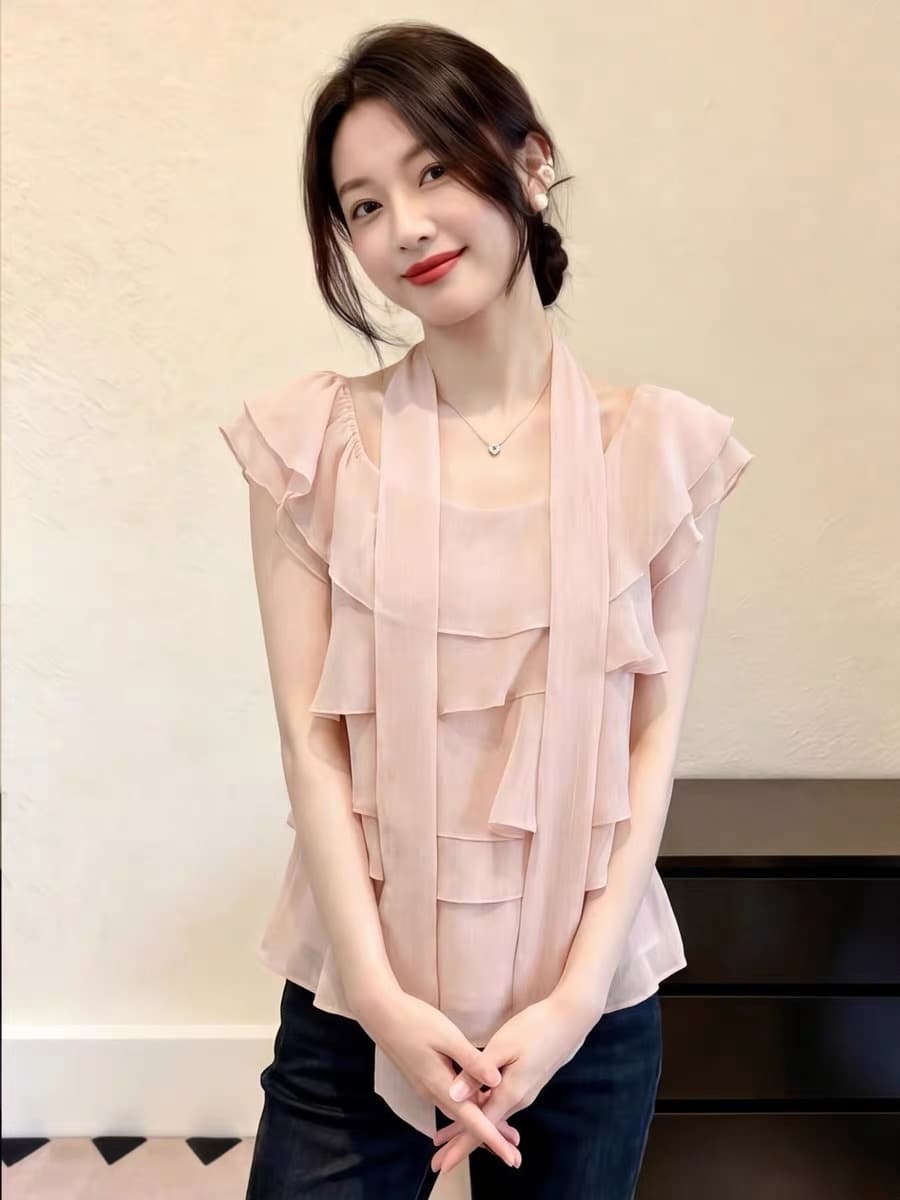 행침 목 리본 반팔 시폰 셔츠 여성 여름 한 부서 프릴 오프숄더 작은 셔츠 고유 한 Chic Feifei 소매 맨위 이미지 4