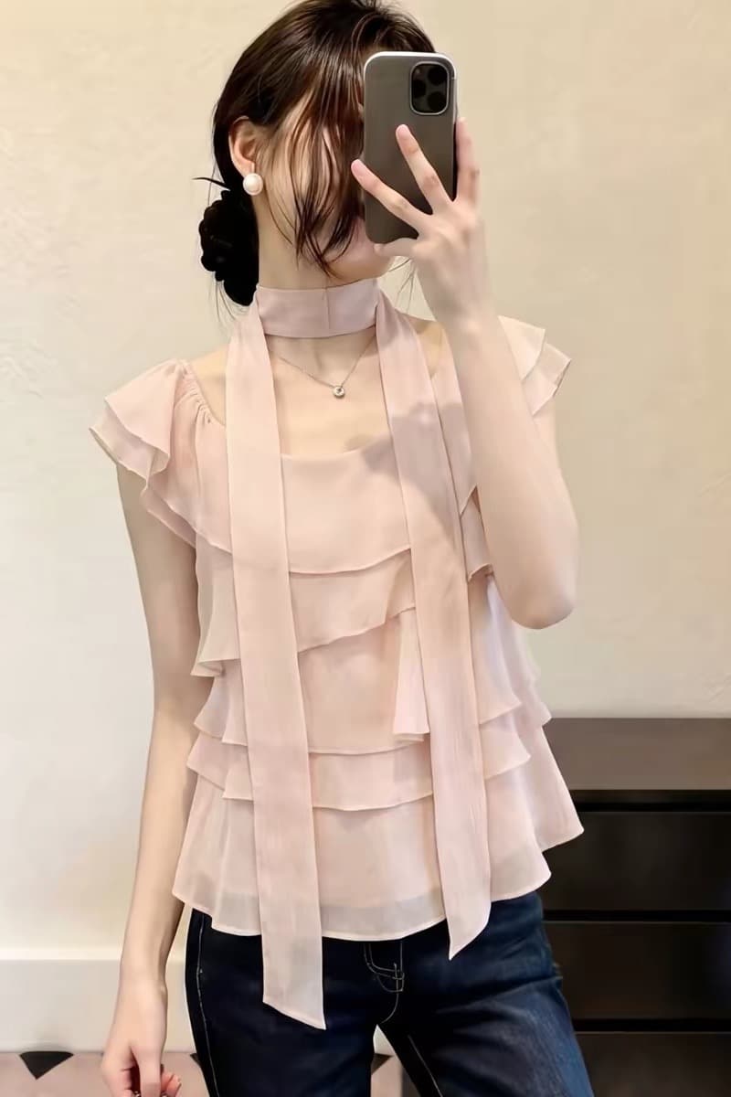 행침 목 리본 반팔 시폰 셔츠 여성 여름 한 부서 프릴 오프숄더 작은 셔츠 고유 한 Chic Feifei 소매 맨위 이미지 6