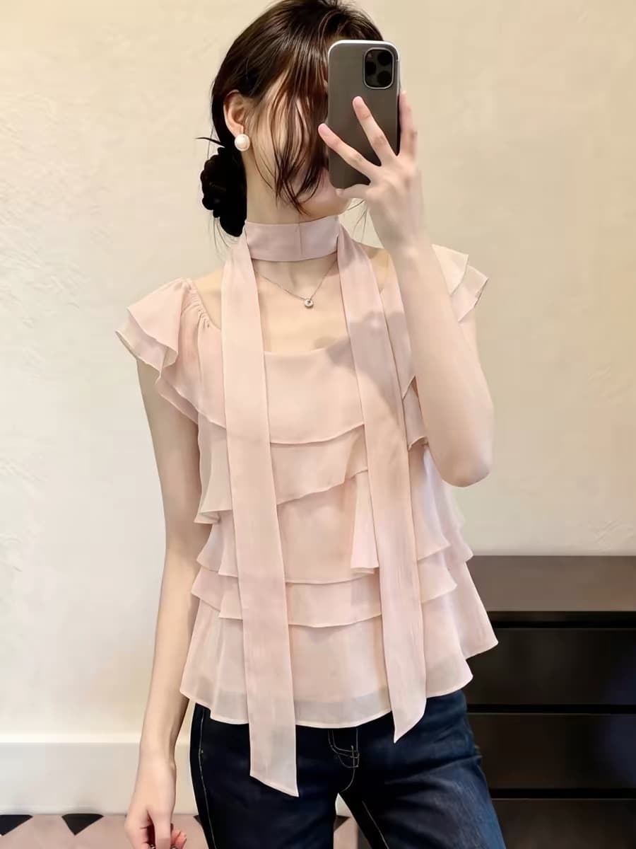 행침 목 리본 반팔 시폰 셔츠 여성 여름 한 부서 프릴 오프숄더 작은 셔츠 고유 한 Chic Feifei 소매 맨위 상세 이미지 1