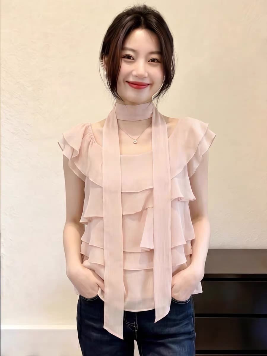 행침 목 리본 반팔 시폰 셔츠 여성 여름 한 부서 프릴 오프숄더 작은 셔츠 고유 한 Chic Feifei 소매 맨위 상세 이미지 2