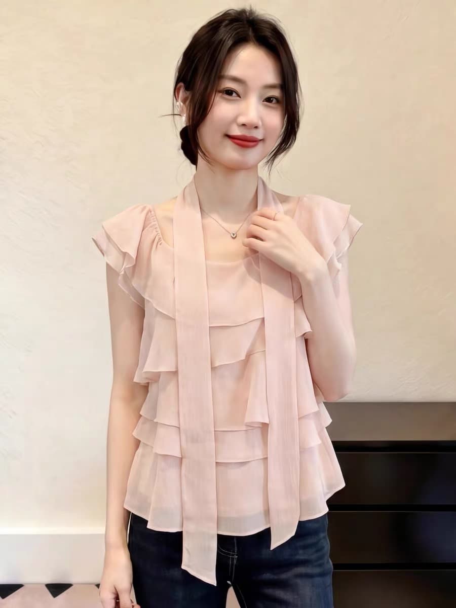 행침 목 리본 반팔 시폰 셔츠 여성 여름 한 부서 프릴 오프숄더 작은 셔츠 고유 한 Chic Feifei 소매 맨위 상세 이미지 3