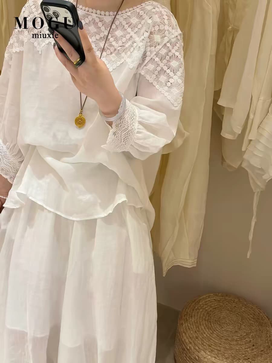 문예 레트로 레이스 조각 여성 셔츠 화이트 홀로우 아웃 슬림해 보이는 다용도 라미 7부 소매 셔츠 여성 셔츠 상세 이미지 6