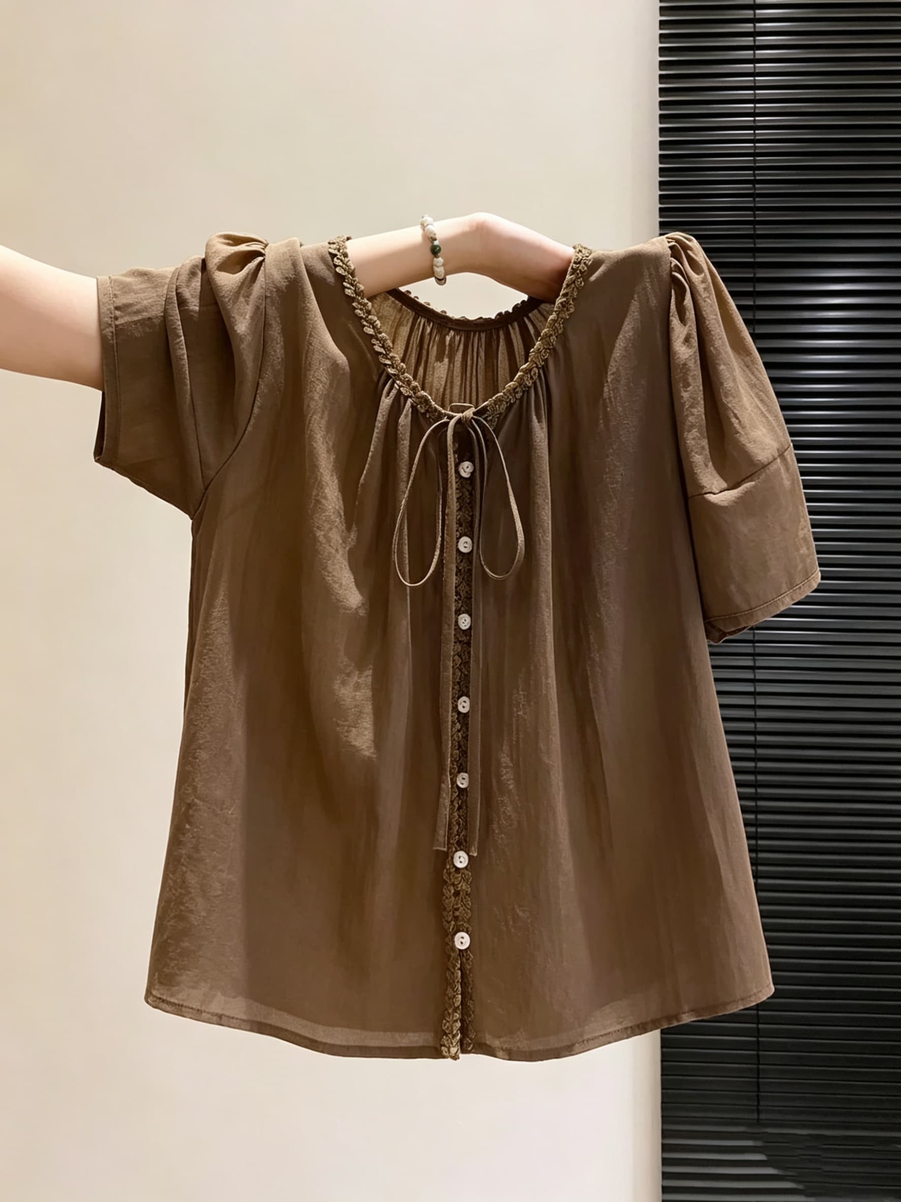 청나라 청나라 우아한 레이스 스트랩 반팔 인형 셔츠 여성 여름 달콤함 부드러운 문예 면 린넨 작은 셔츠 상세 이미지 5