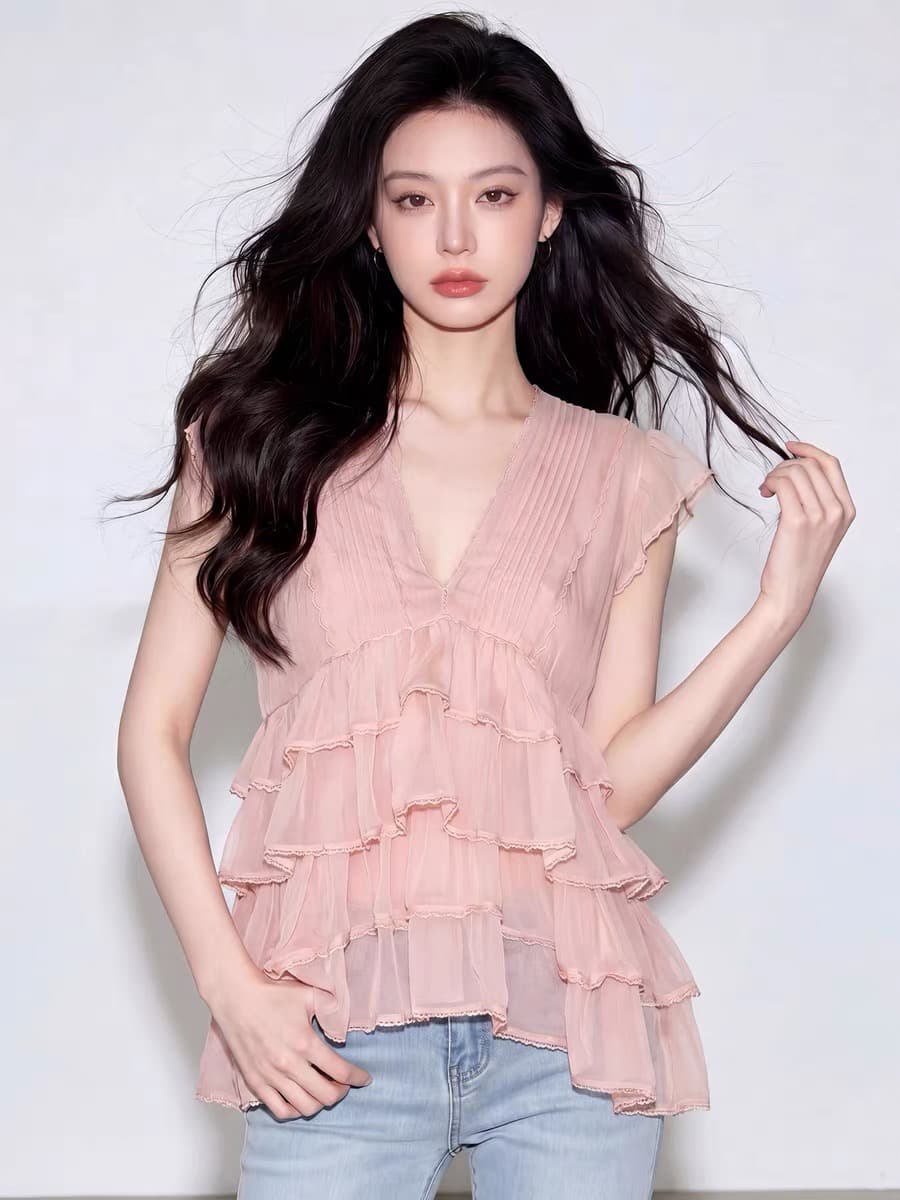 코치 아름다운 맨위 여성 2026 여름 새로운 품격 디자인 센스 작은 대중 이중층 레이스 V 넥 셔츠 이미지 4