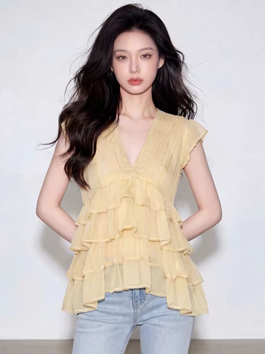 코치 아름다운 맨위 여성 2026 여름 새로운 품격 디자인 센스 작은 대중 이중층 레이스 V 넥 셔츠 상세 이미지 1