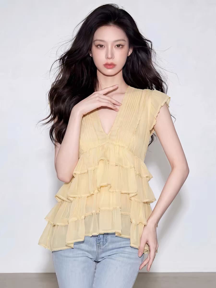 코치 아름다운 맨위 여성 2026 여름 새로운 품격 디자인 센스 작은 대중 이중층 레이스 V 넥 셔츠 상세 이미지 4