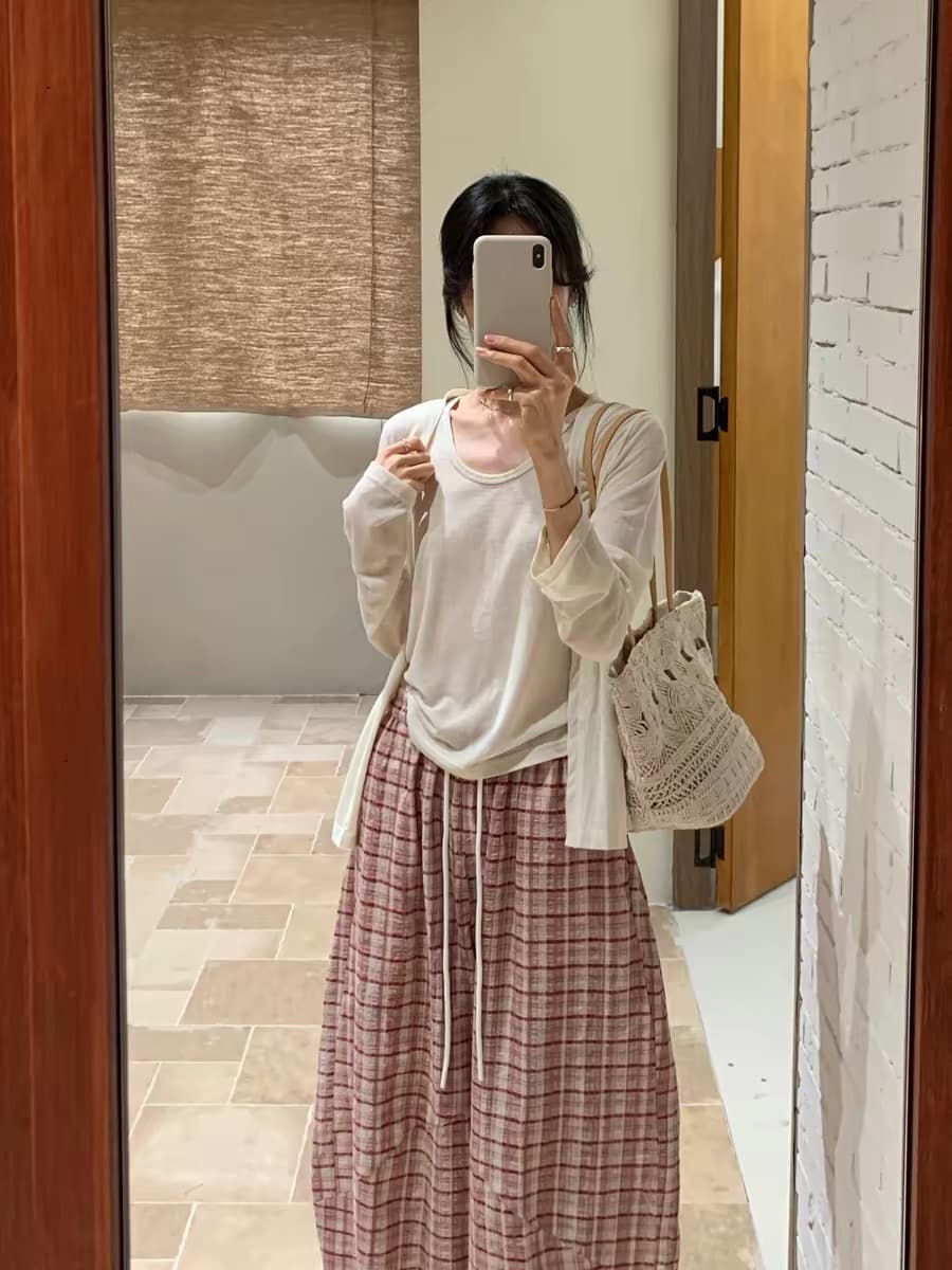 한 부서 루즈핏 체크무늬 풍선 바지 여성 밴딩 하이웨이스트 레이스업 다용도 넓은 다리 캐주얼 바지 여성 여름 얇은 스타일 이미지 4