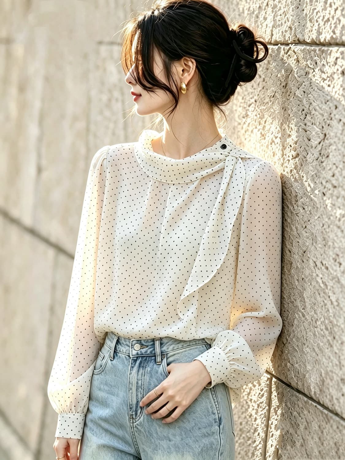 한 부서 도트 무늬 리본 민소매 여성 셔츠 이른 가을 불규칙 프릴 작은 셔츠 섹션 루즈핏 캐주얼 셔츠 맨위 이미지 3