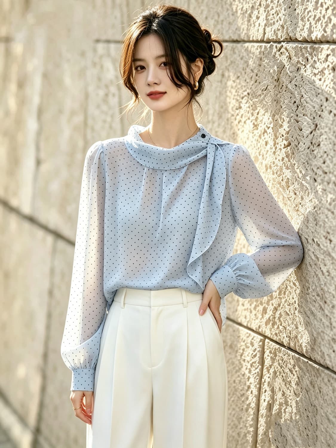 한 부서 도트 무늬 리본 민소매 여성 셔츠 이른 가을 불규칙 프릴 작은 셔츠 섹션 루즈핏 캐주얼 셔츠 맨위 상세 이미지 3