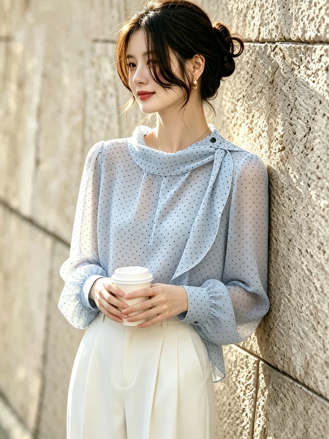 한 부서 도트 무늬 리본 민소매 여성 셔츠 이른 가을 불규칙 프릴 작은 셔츠 섹션 루즈핏 캐주얼 셔츠 맨위 상세 이미지 5