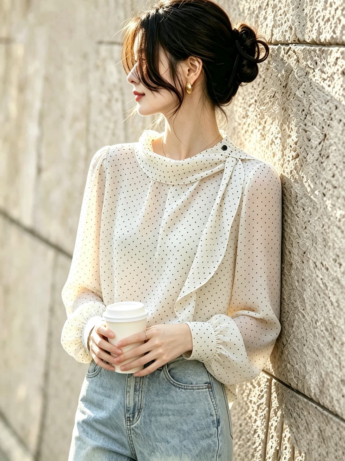 한 부서 도트 무늬 리본 민소매 여성 셔츠 이른 가을 불규칙 프릴 작은 셔츠 섹션 루즈핏 캐주얼 셔츠 맨위 상세 이미지 10