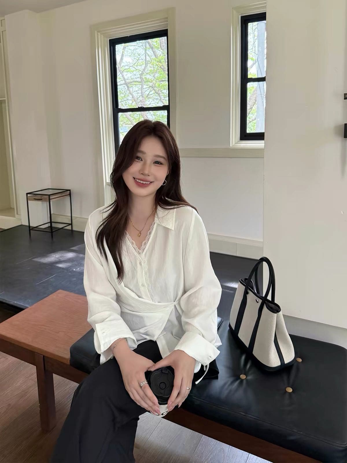 한 부서 Chic 레이스 레이스 패치워크 스트랩 디자인 센스 셔츠 상세 이미지 5