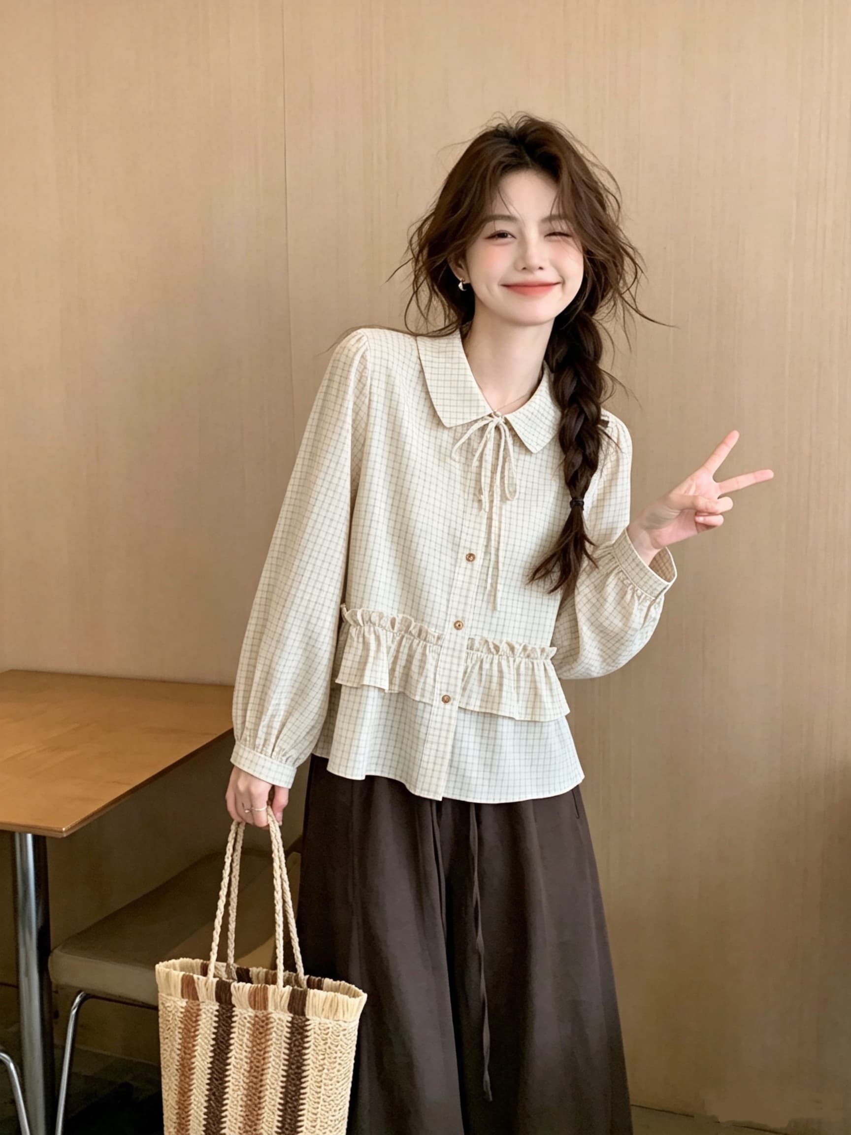 체크무늬 프릴 베이비 칼라 여성 셔츠 가을 새로운 긴팔 맨위