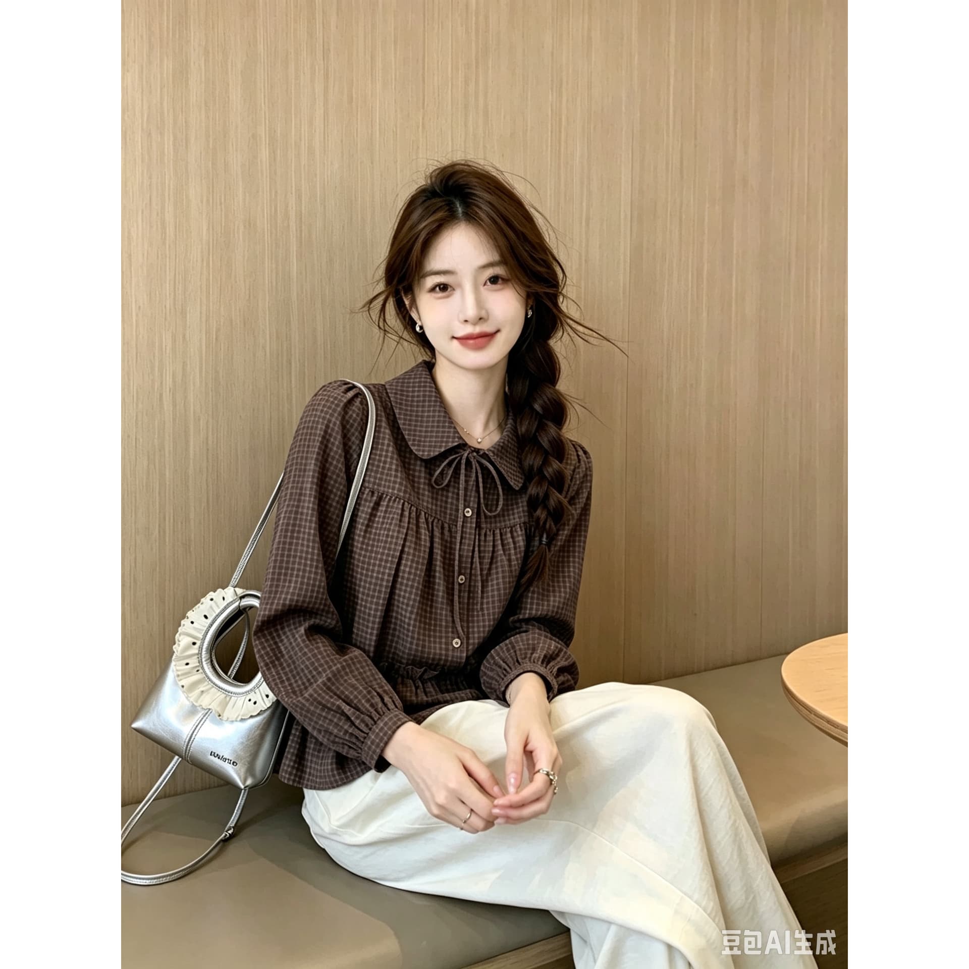 체크무늬 프릴 베이비 칼라 여성 셔츠 가을 새로운 긴팔 맨위 이미지 5