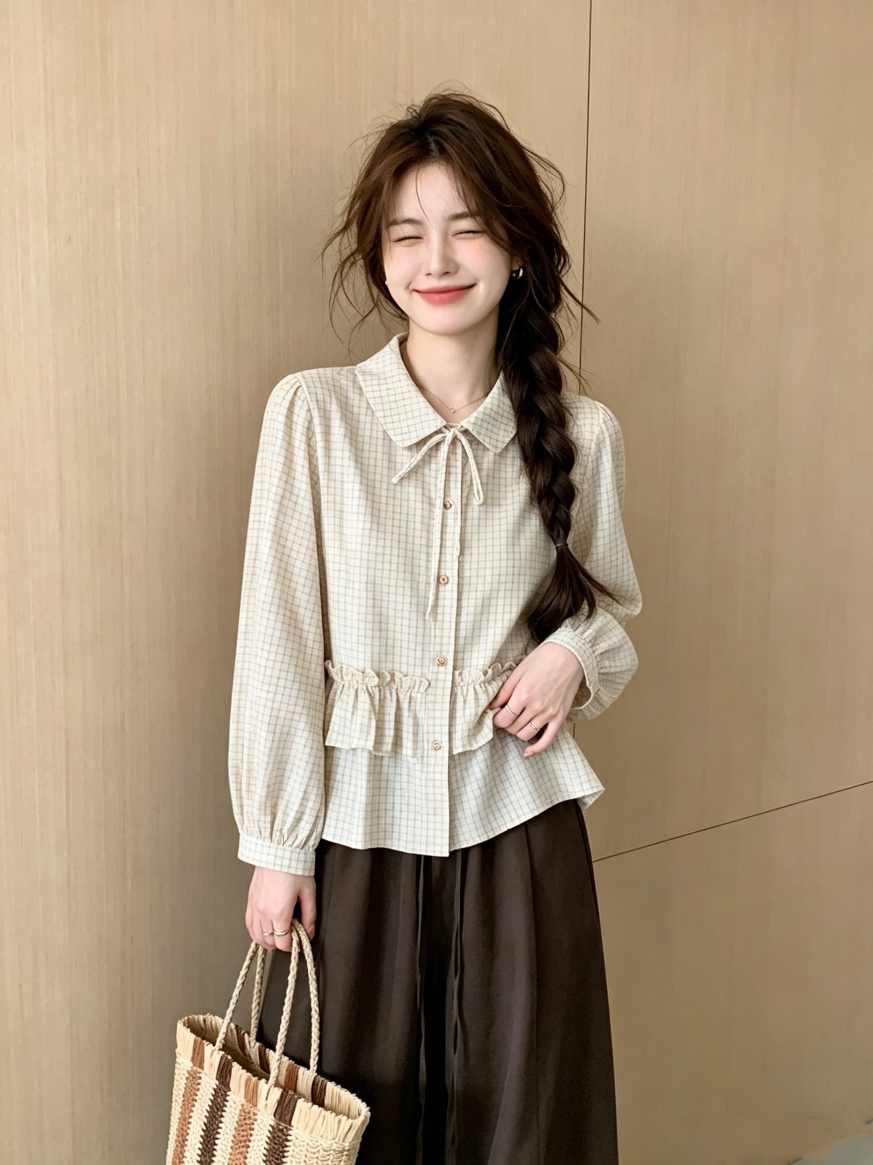 체크무늬 프릴 베이비 칼라 여성 셔츠 가을 새로운 긴팔 맨위 상세 이미지 3