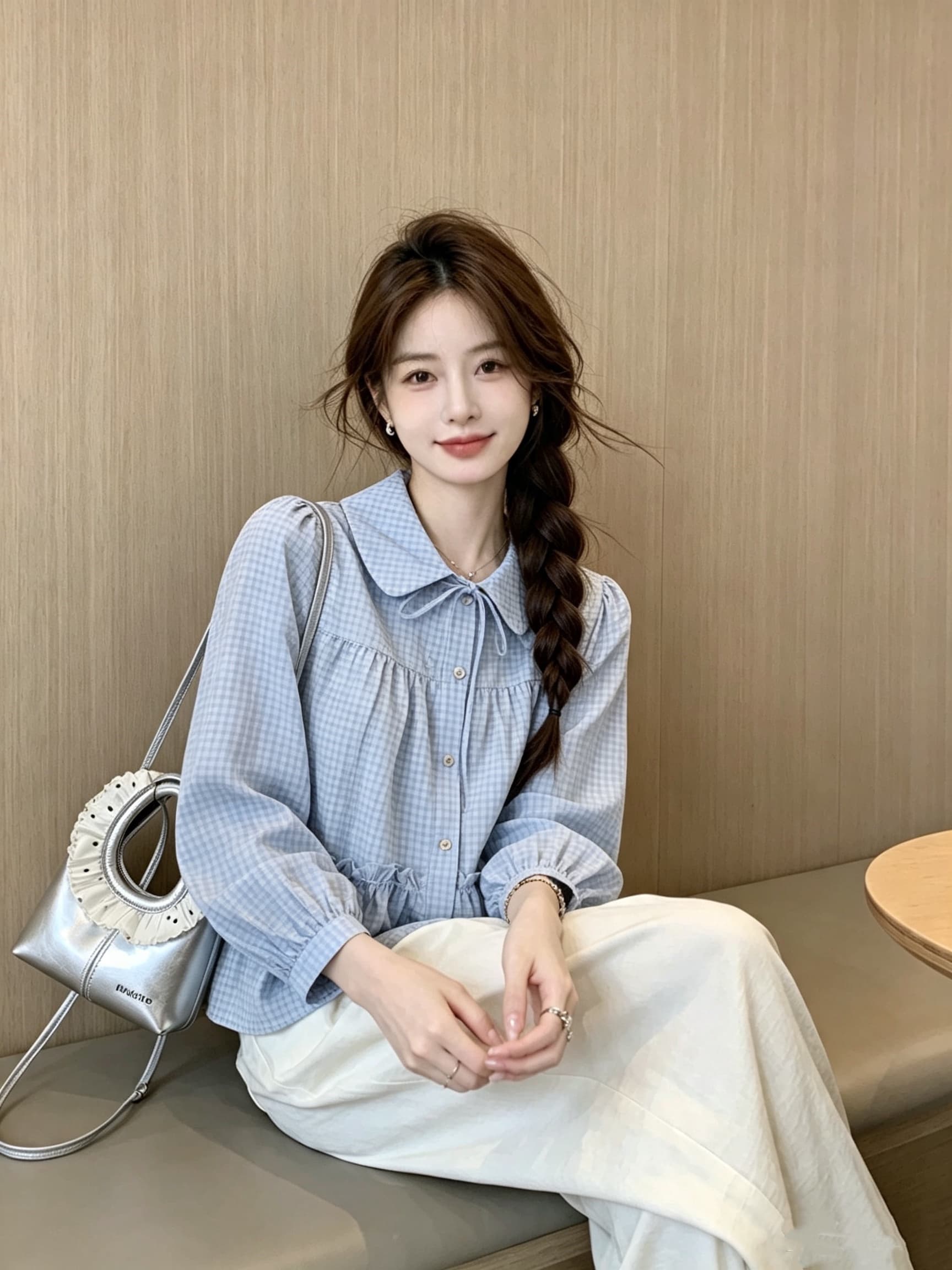 체크무늬 프릴 베이비 칼라 여성 셔츠 가을 새로운 긴팔 맨위 상세 이미지 5