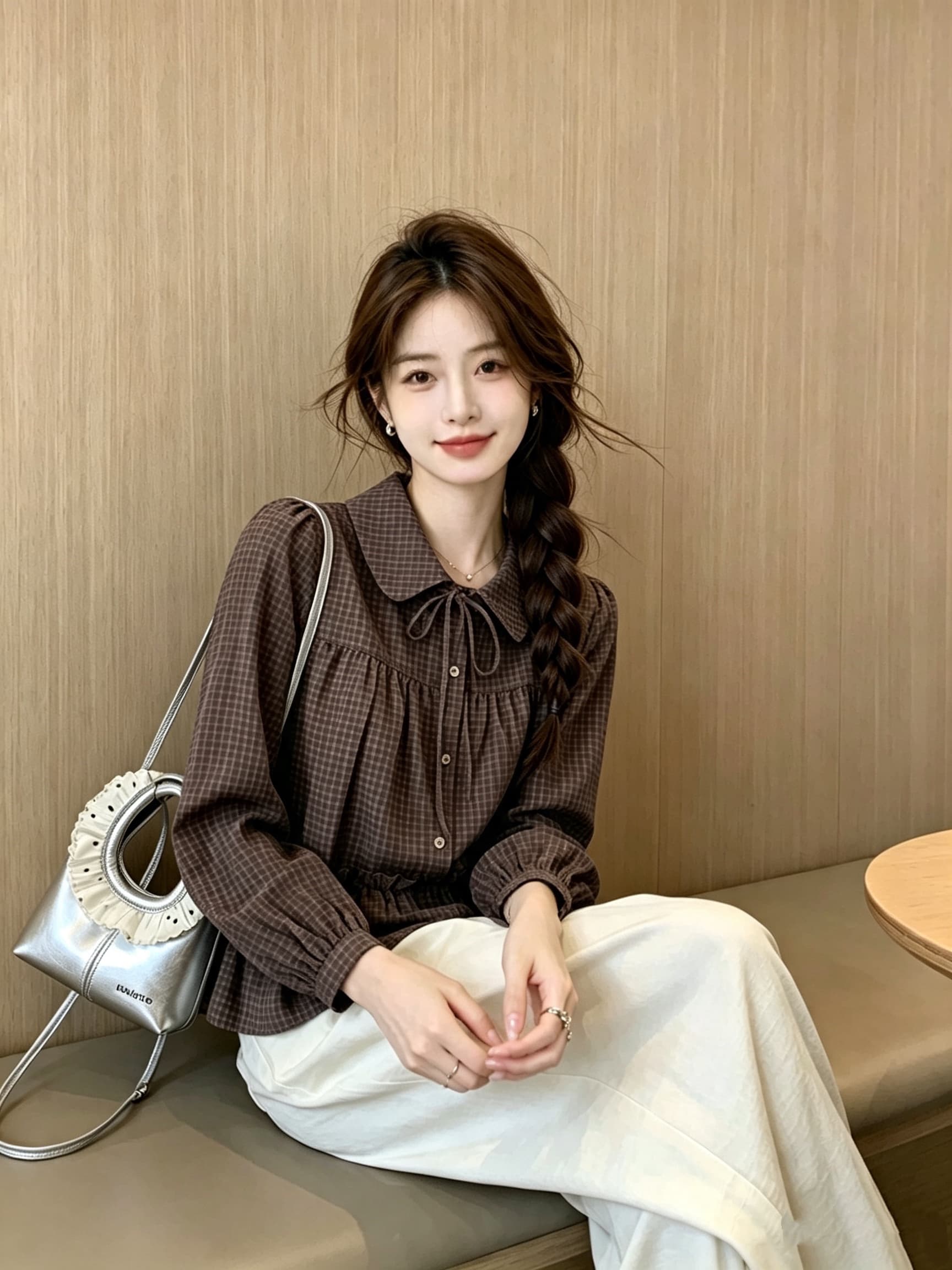 체크무늬 프릴 베이비 칼라 여성 셔츠 가을 새로운 긴팔 맨위 상세 이미지 6
