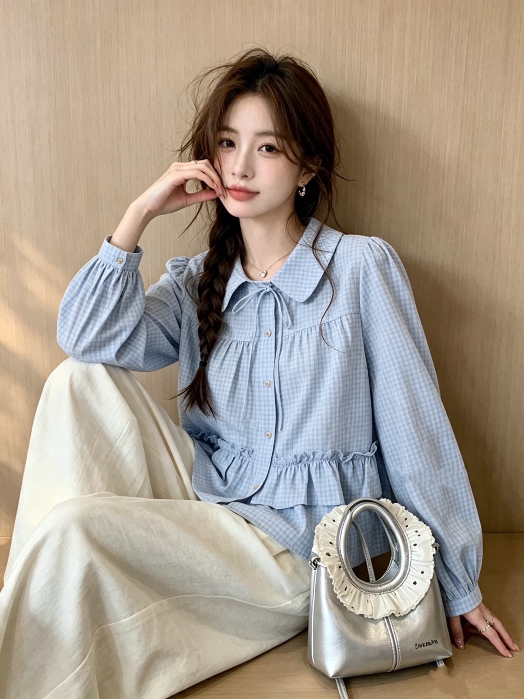 체크무늬 프릴 베이비 칼라 여성 셔츠 가을 새로운 긴팔 맨위 상세 이미지 8