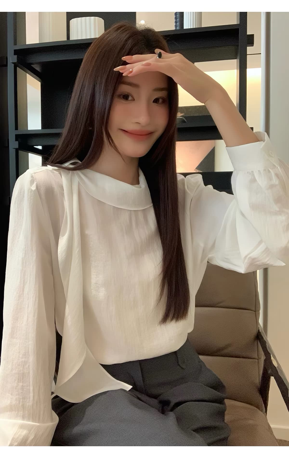 화이트 리본 칼라 얇은 스타일 인사이드 가져 가라. 싱글 착용 여성 셔츠 가을 긴팔 출퇴근 캐주얼 셔츠 상세 이미지 1