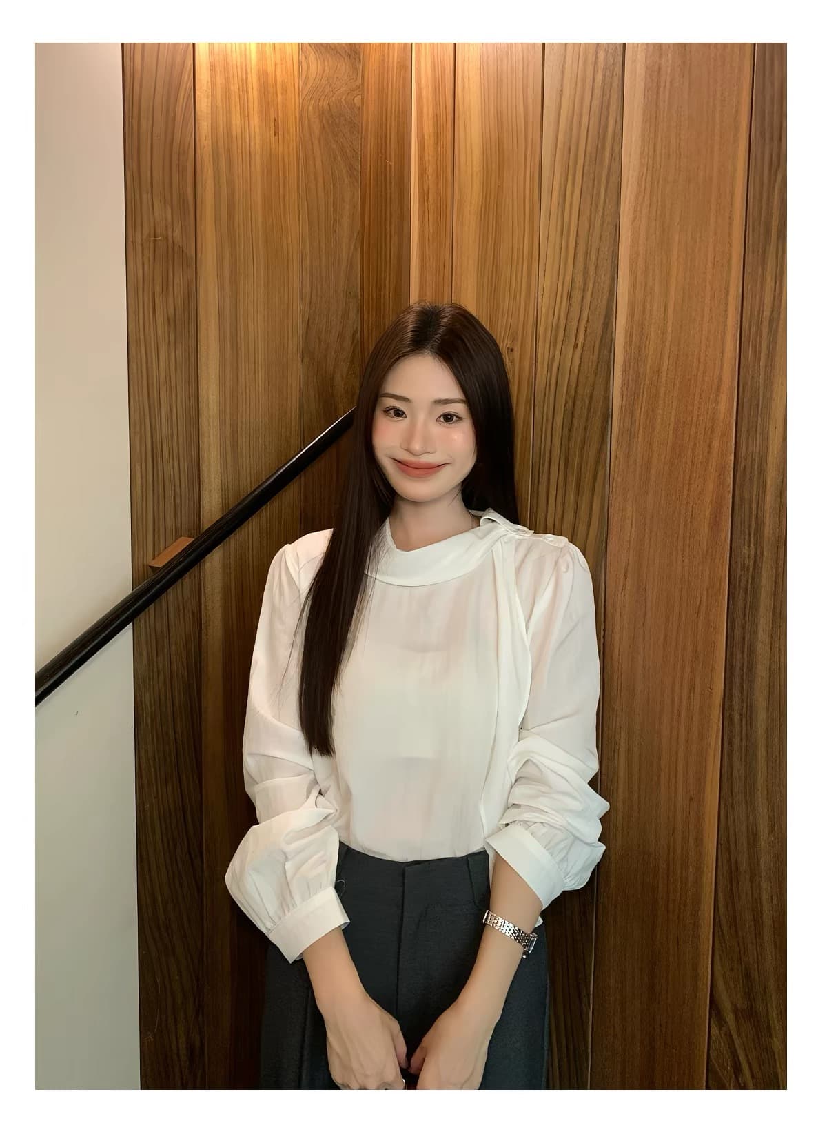 화이트 리본 칼라 얇은 스타일 인사이드 가져 가라. 싱글 착용 여성 셔츠 가을 긴팔 출퇴근 캐주얼 셔츠 상세 이미지 6
