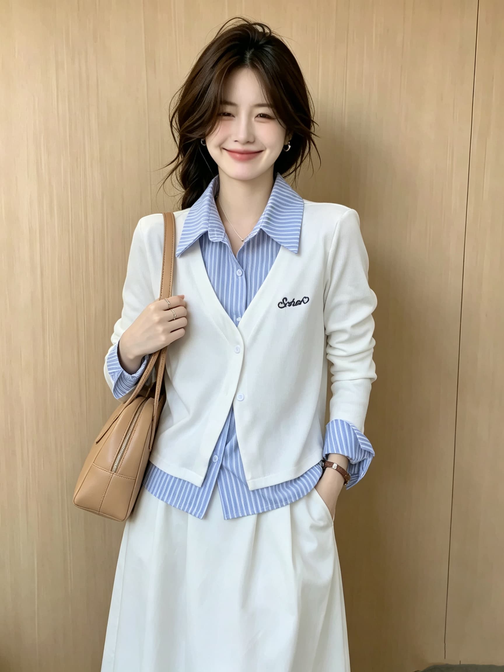 2026 이른 가을 새로운 달콤함 페이크 레이어드 스트라이프 패치워크 연령 감소 긴팔 셔츠 여성 셔츠 상세 이미지 6