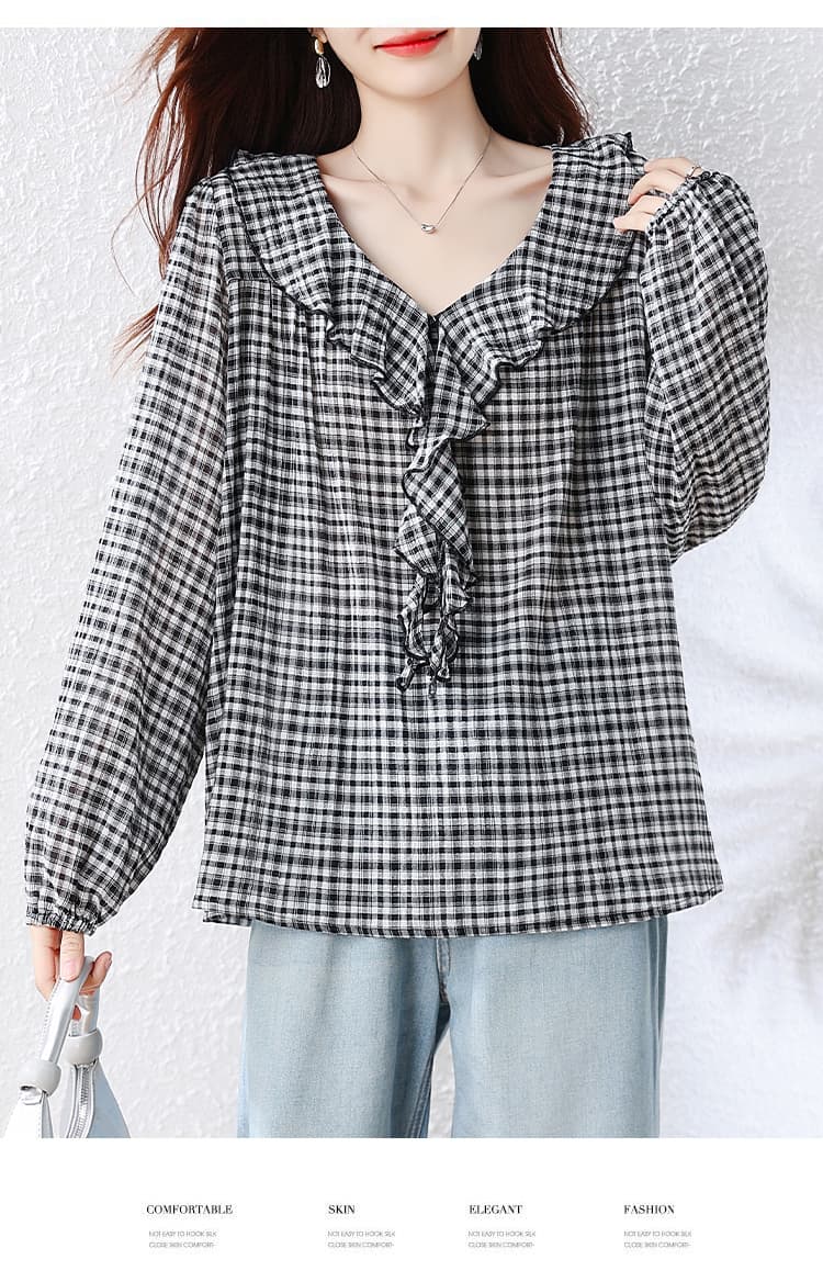 이른 가을 빅 사이즈 패션 흑인과 백인 체크무늬 셔츠 V넥 프릴 랜턴 긴팔 루즈핏 표지 배 품격 맨위 상세 이미지 14