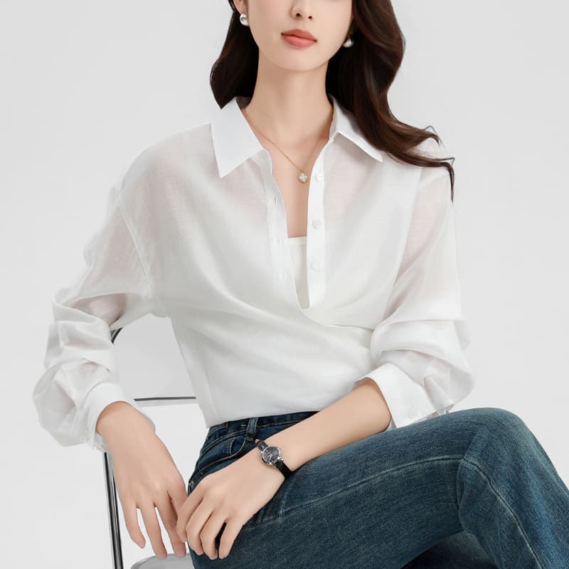 실사 슈퍼 잘 생긴 고유 한 아름다운 셔츠 2026 여름 새로운 여성 의류 포장 스타일 폴로 칼라 아세트산 주간 실크 켜기 이미지 5
