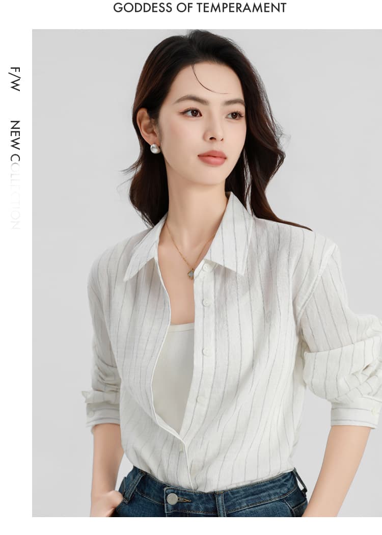 실사 스트라이프 캐주얼 셔츠 2026 여름 새로운 여성 의류 질감 센스 폴로 칼라 슬림해 보이는 품격 다용도 맨위 상세 이미지 15