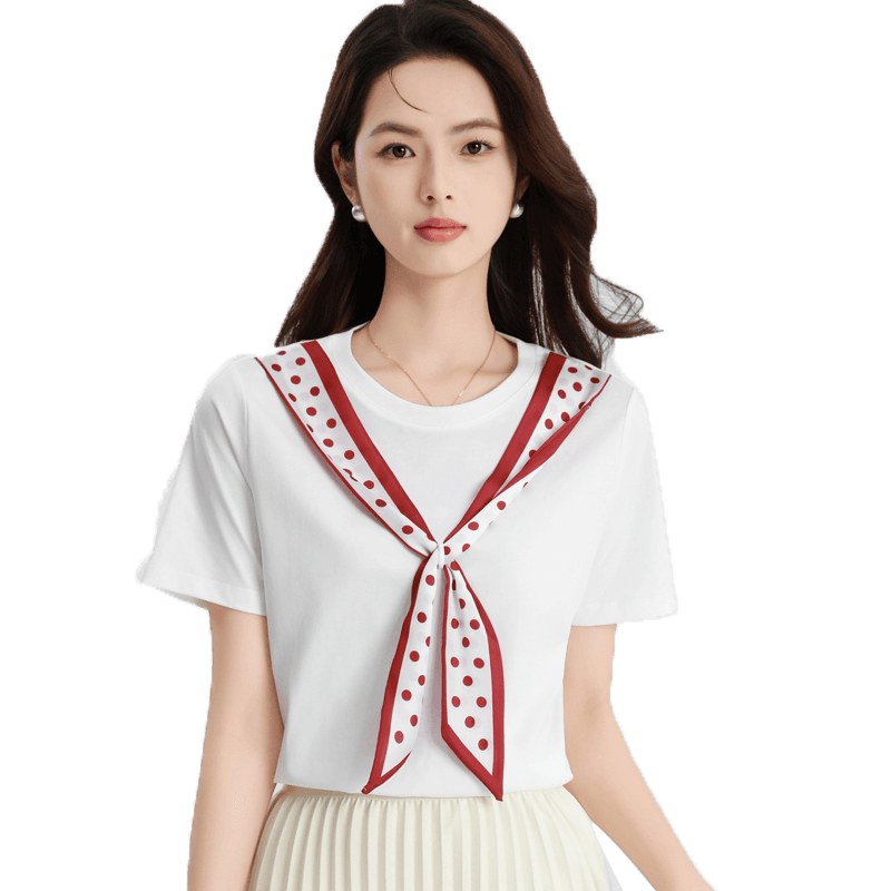 실사 프랑스식 스카프 나비 넥타이 프린트 반팔 티셔츠 여성 디자인 센스 2026 여름 새로운 긍정적 인 어깨 동정 맨위 이미지 5