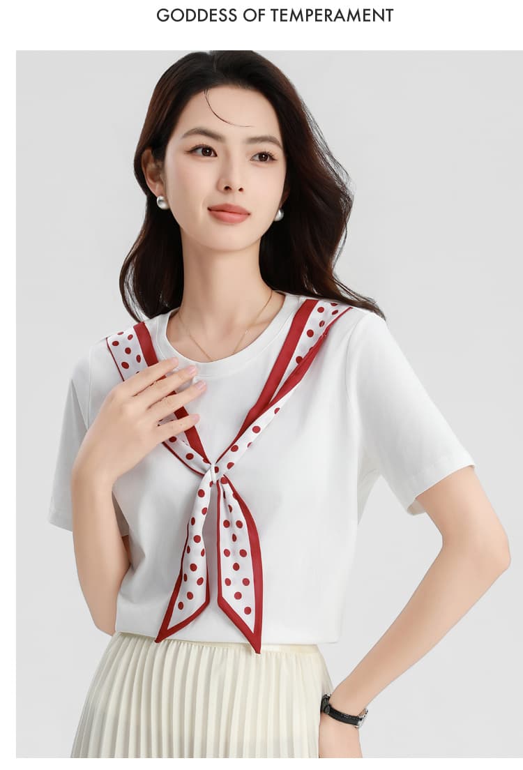실사 프랑스식 스카프 나비 넥타이 프린트 반팔 티셔츠 여성 디자인 센스 2026 여름 새로운 긍정적 인 어깨 동정 맨위 상세 이미지 15
