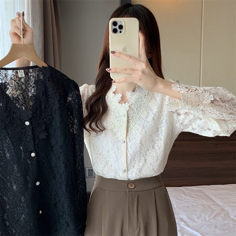 빅 사이즈 여성 의류 레이스 V넥 긴팔 싱글 줄 버튼 셔츠 봄 가을 새로운 루즈핏 다용도 외국 가스 작은 셔츠