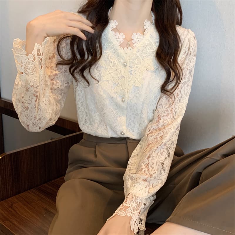 빅 사이즈 여성 의류 레이스 V넥 긴팔 싱글 줄 버튼 셔츠 봄 가을 새로운 루즈핏 다용도 외국 가스 작은 셔츠 상세 이미지 16