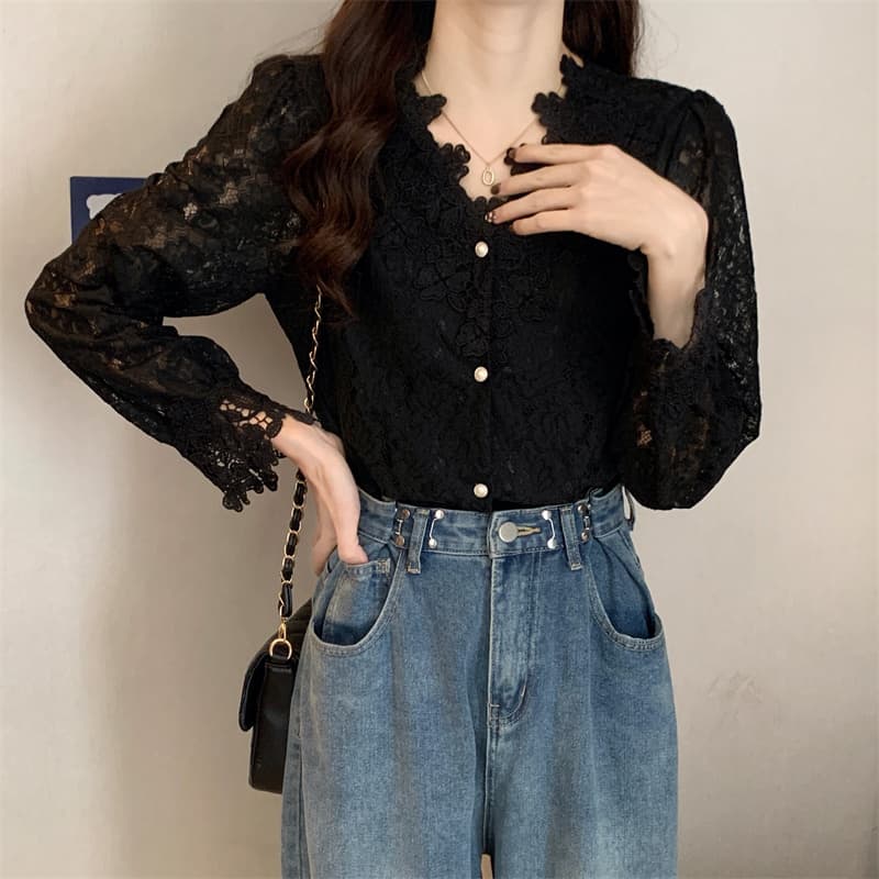 빅 사이즈 여성 의류 레이스 V넥 긴팔 싱글 줄 버튼 셔츠 봄 가을 새로운 루즈핏 다용도 외국 가스 작은 셔츠 상세 이미지 24