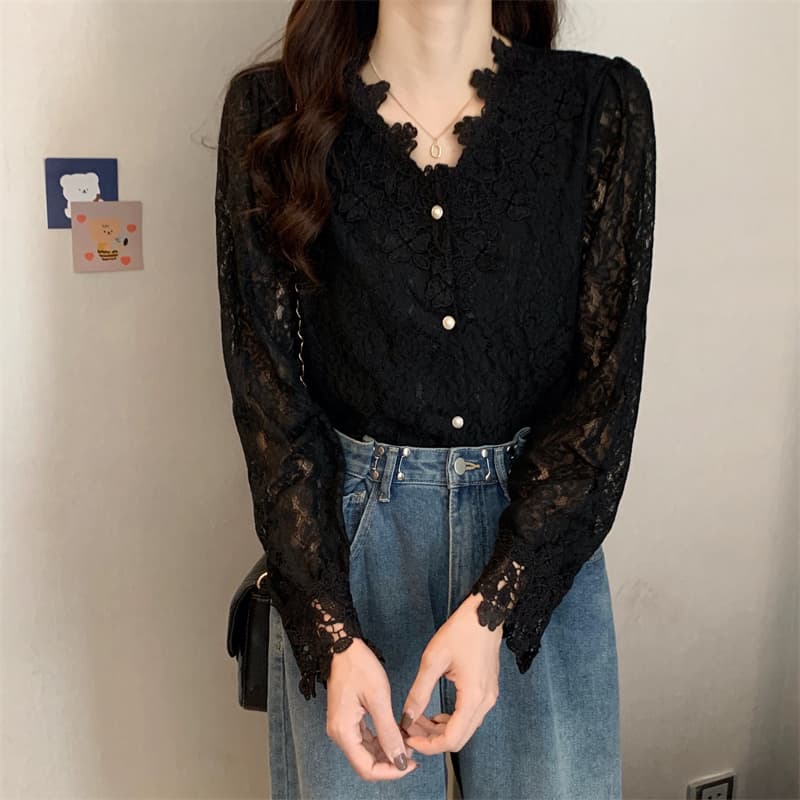 빅 사이즈 여성 의류 레이스 V넥 긴팔 싱글 줄 버튼 셔츠 봄 가을 새로운 루즈핏 다용도 외국 가스 작은 셔츠 상세 이미지 39
