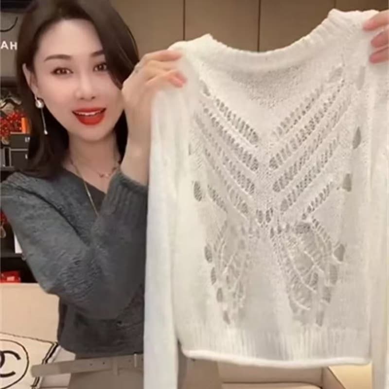 유럽 상품 이후 홀로우 아웃 나비 긴팔 니트 스웨터 여자 2026 봄 새로운 품격 세련된 루즈핏 쇼트 스타일 맨위 이미지 5