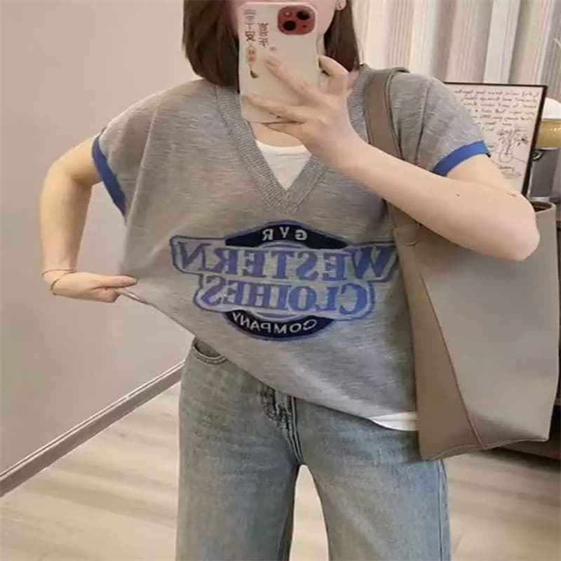 빅 사이즈 여름 페이크 레이어드 패션 외국 가스 캐주얼 반팔 티셔츠 여성 지방 mm Chic 루즈핏 표지 배 슬림해 보이는 맨위 상세 이미지 3